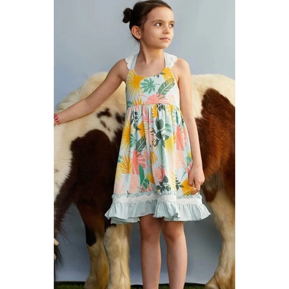 Matilda Jane Dress Size 10 Light Blue Tropical Floral Lace Trim Ruffle Hem